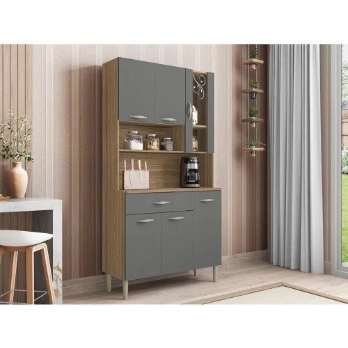 Armário Cozinha Compacto Kits Paraná Golden 06 Portas e 01 Gaveta – Freijó e Gris –