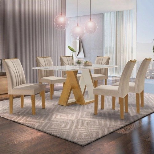 Conjunto Sala de Jantar Mesa Laguna Tampo Slim Plus Vidro 170x90cm com 6 Cadeiras Laguna Cel