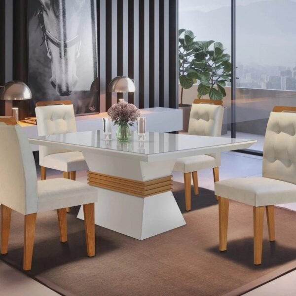 Conjunto Sala De Jantar Mesa Clarice 120X80Cm Tampo VidroMdf Canto Reto Com 4 Cadeiras Valentina