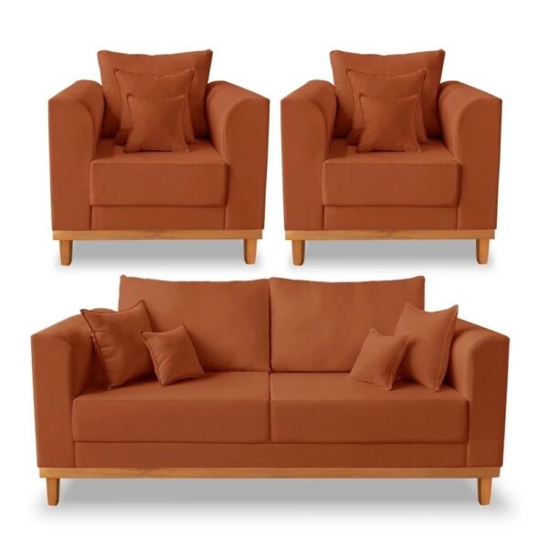 Kit Sofá 3 Lugares e 2 Poltronas Beny Viena Para Escritório Suede Terracota - Madeira Prima Deccor