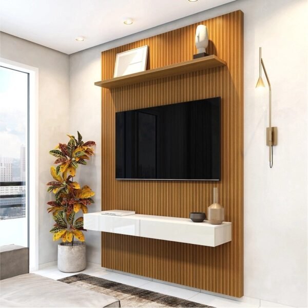 Painel Para Tv Até 55 Polegadas Ripado Impressão 3D Egeo Com Nicho 1,35m Cedro Off White edn
