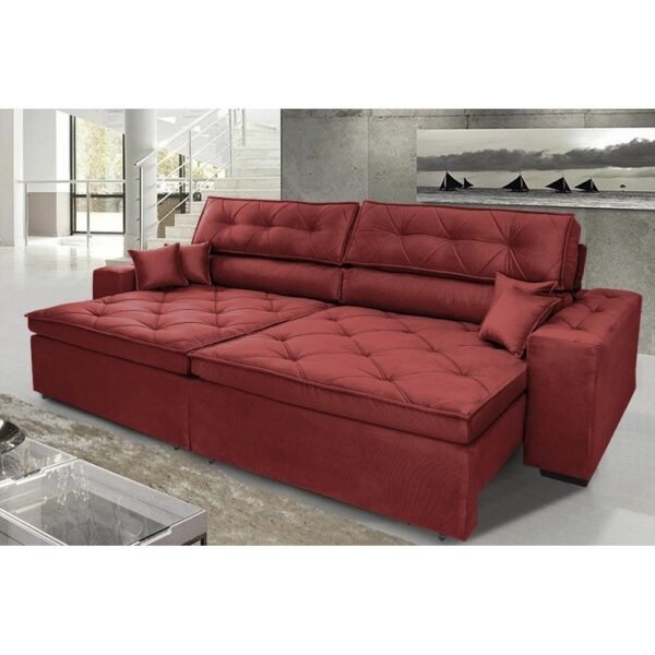 Sofá Austin 2,62m Retrátil, Reclinável com Molas no Assento e Almofadas, Suede Vermelho Cama inBox
